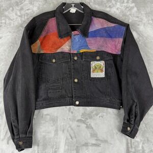 Vtg Denim Jacket Patchwork Geometric Print Distressed Black Size M
